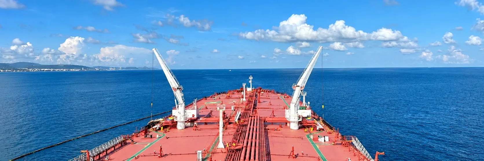 Looking forward along a tanker's deck, bow ahead under a blue sky