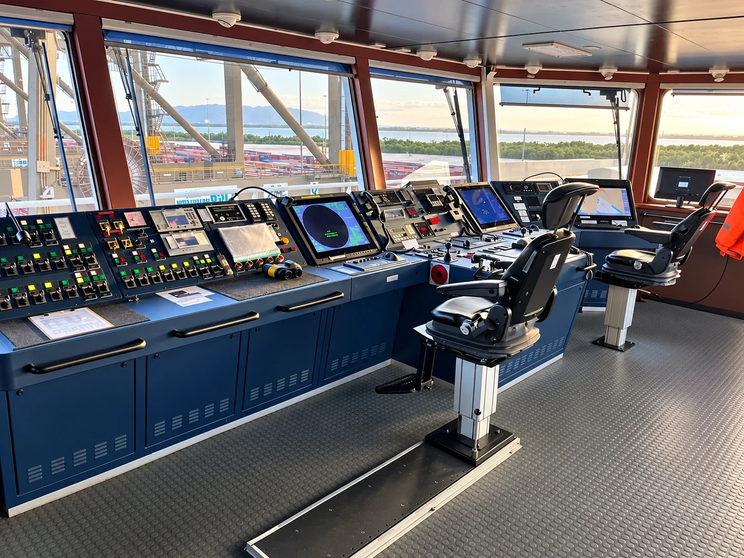 A ship's bridge: navigation consoles, radar and chart displays and the helm chairs, with a container terminal beyond the windows