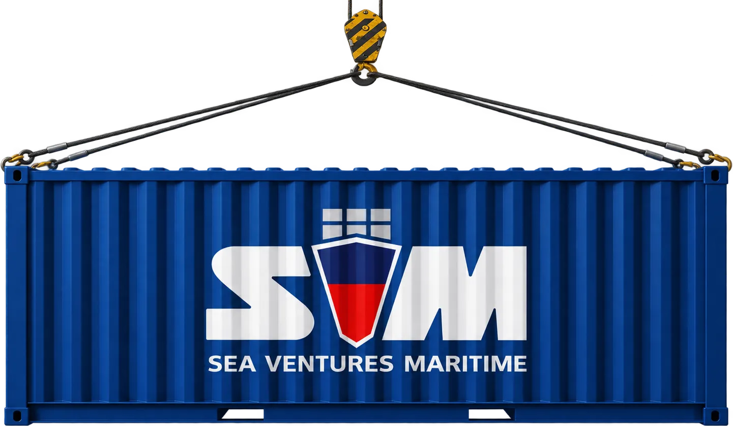 A Sea Ventures Maritime shipping container being lowered by a crane