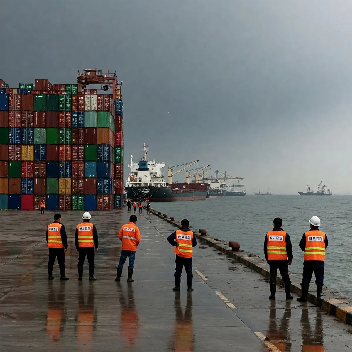 Dock workers on a container terminal quay beside a berthed container ship
