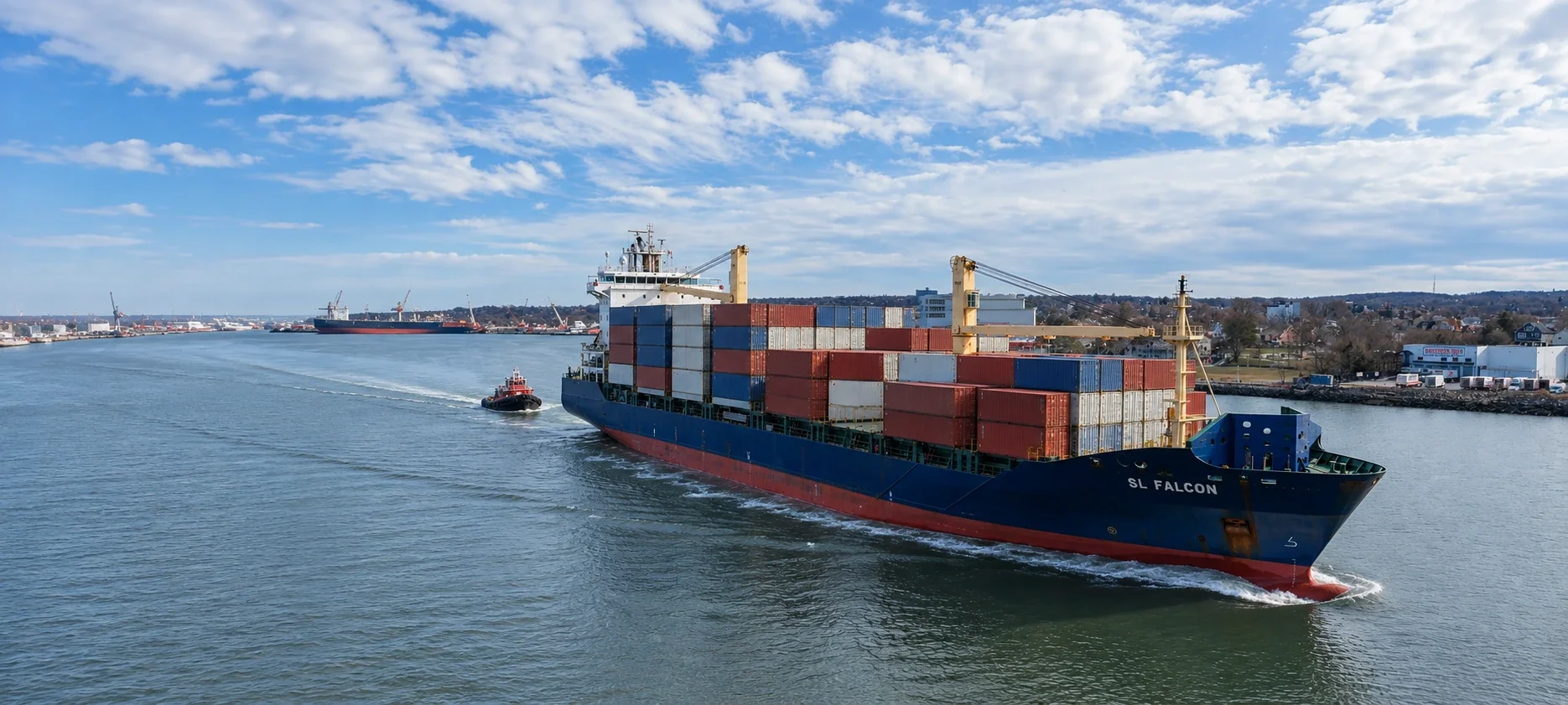 SL FALCON under way in a harbour channel, loaded, with a tug ahead of her