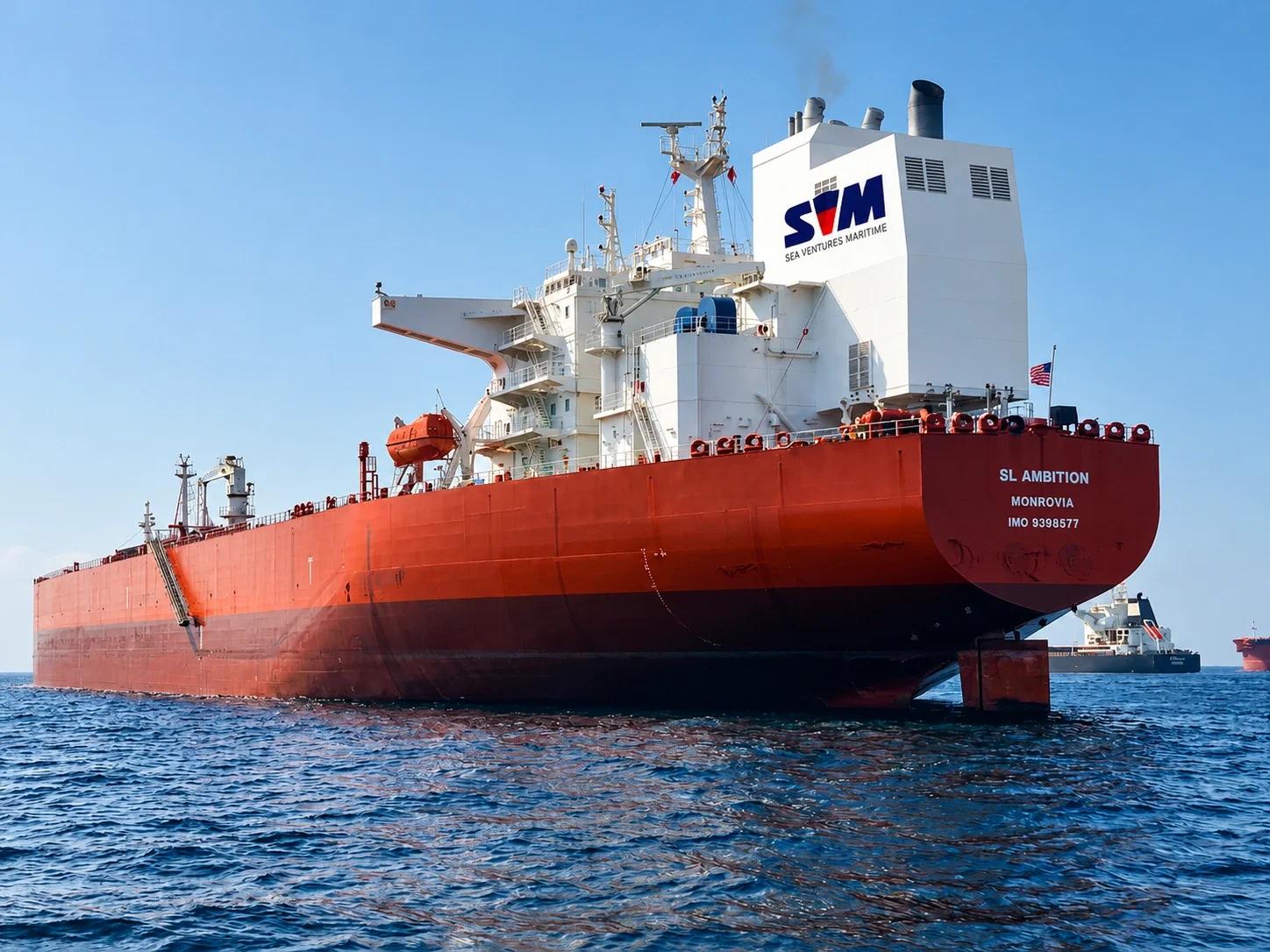 SL AMBITION, oil tanker, under way at sea seen from her stern quarter