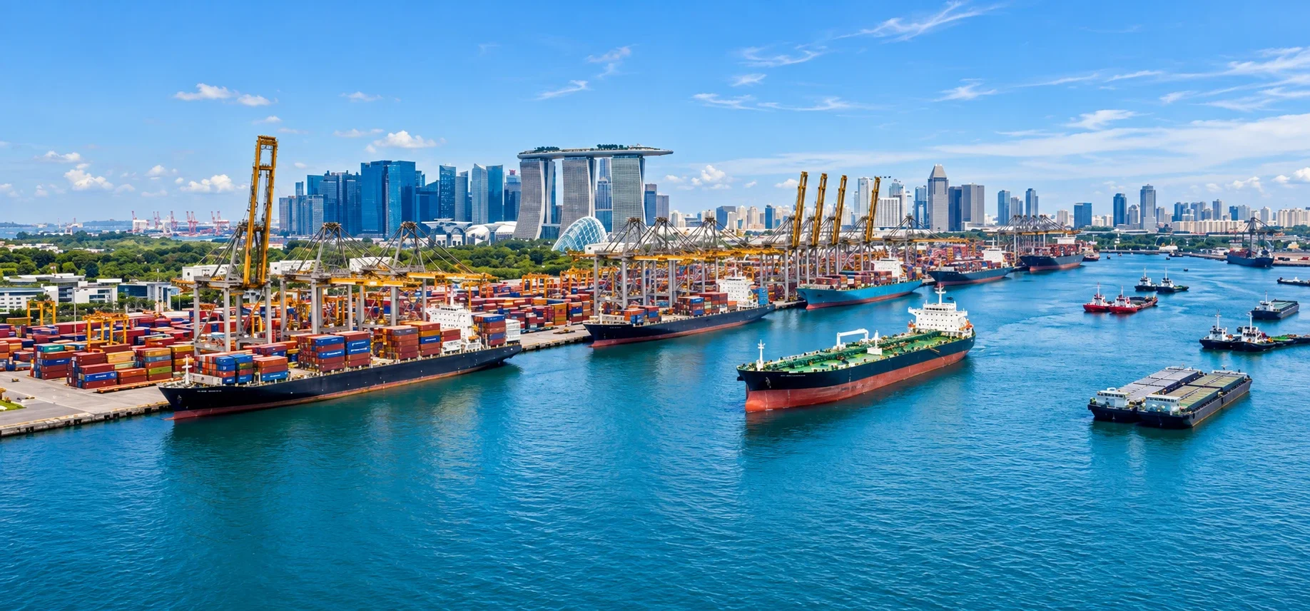 Singapore container port with its gantry cranes and the Marina Bay skyline behind, a tanker and tugs on the water