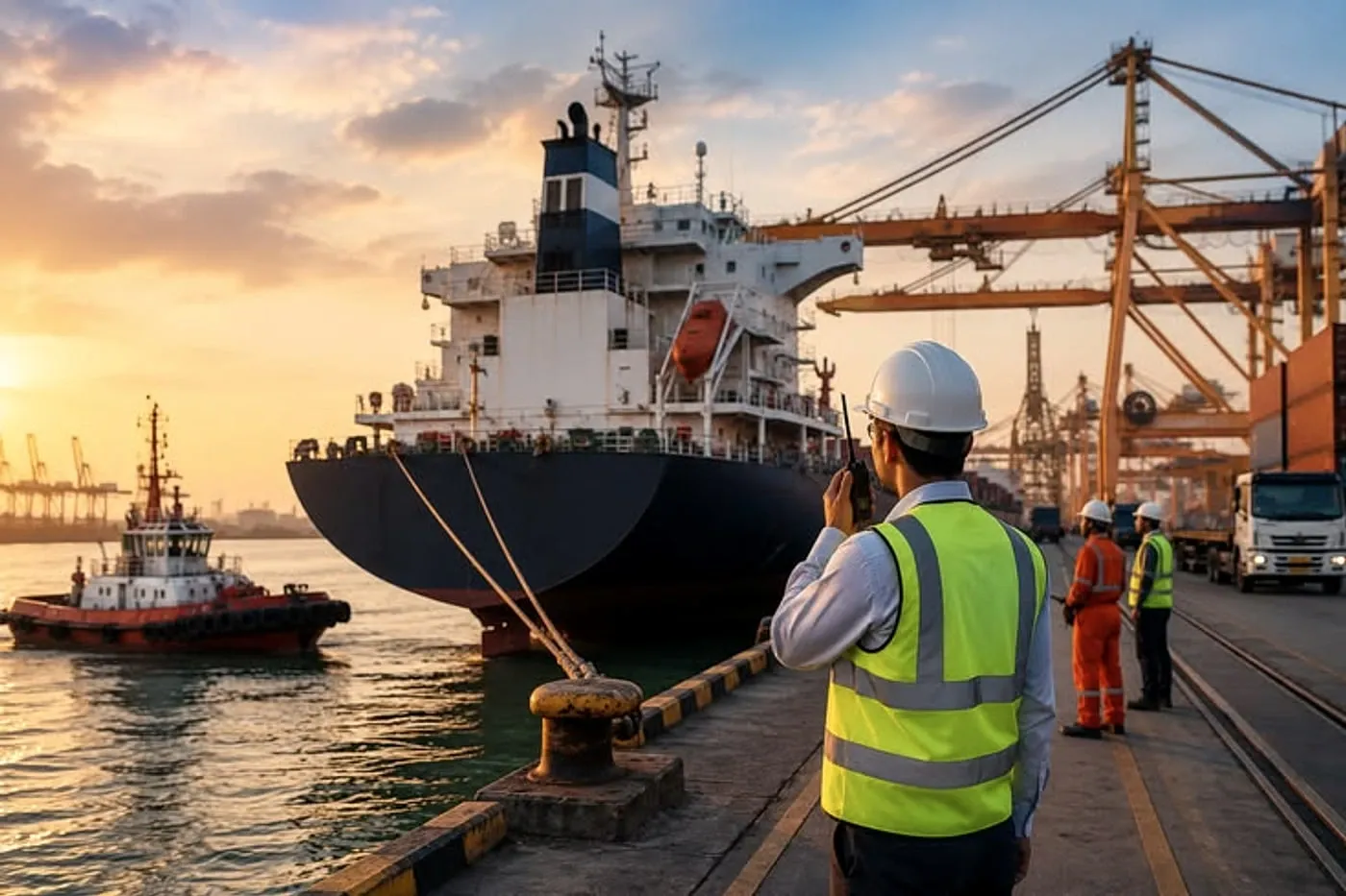 A tanker alongside a terminal at sunset, a worker with a radio on the quay