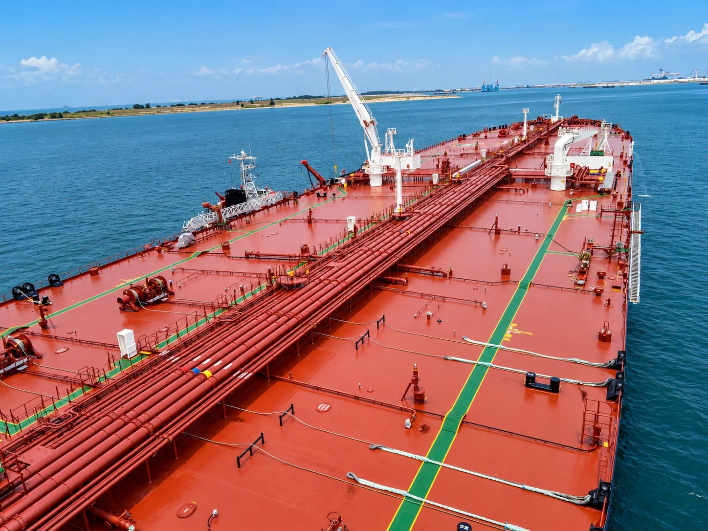 The red deck of an oil tanker seen from her bridge, cargo pipelines running forward past a crane towards the coast